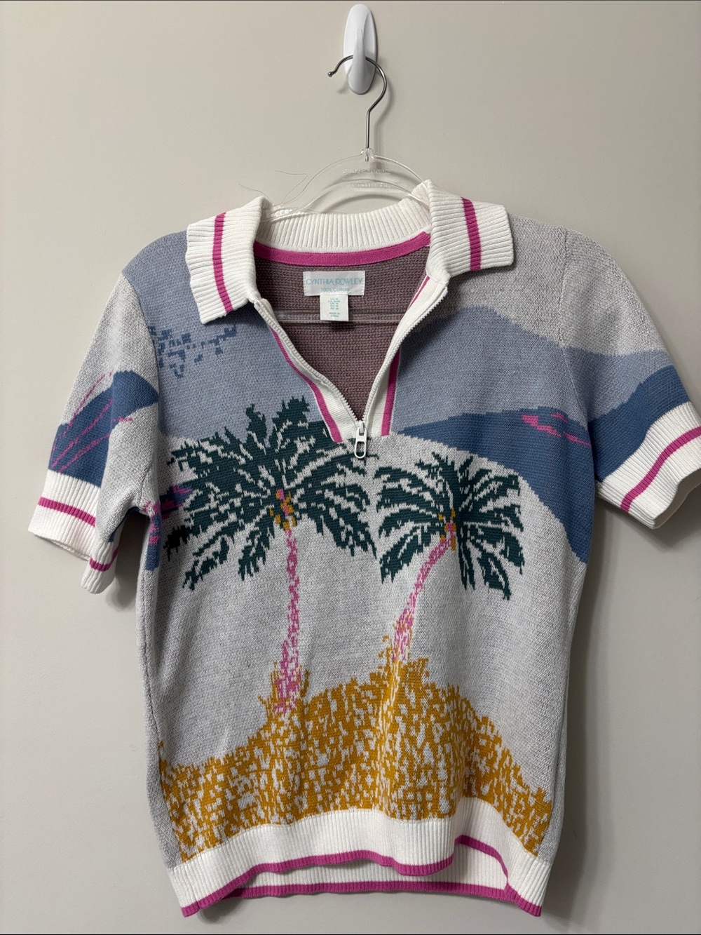 Cynthia Rowley Gray Palm-Print Half-Zip Sweater with Pink Trim
